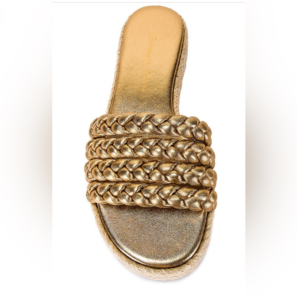 GIANVITO ROSSI Gold Braided Platform Slides 
Marbella Sandals in Mekong